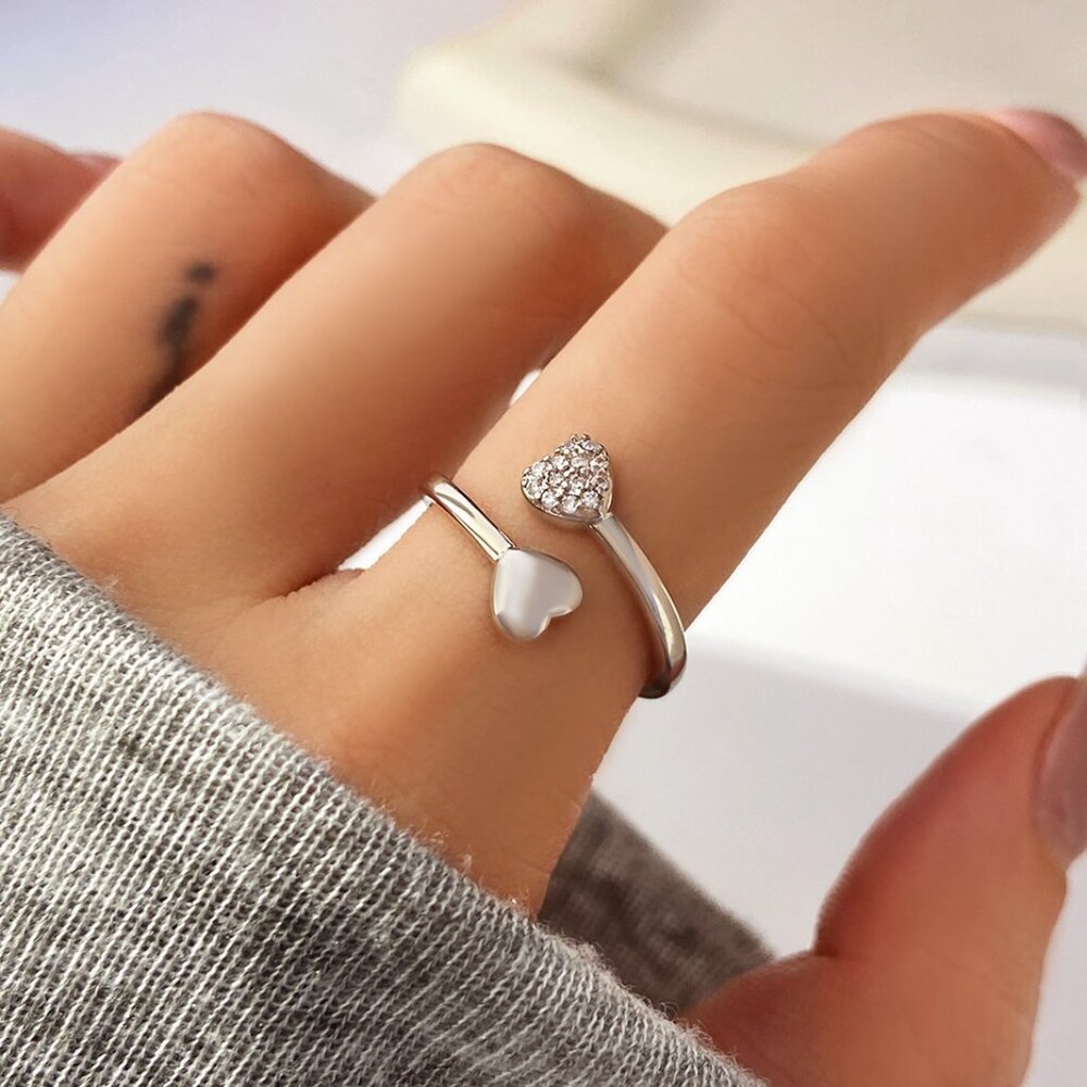 3/$35 Silver Tone Double Heart Bypass Copper Ring Sparkly CZ Adjustable Jewelry